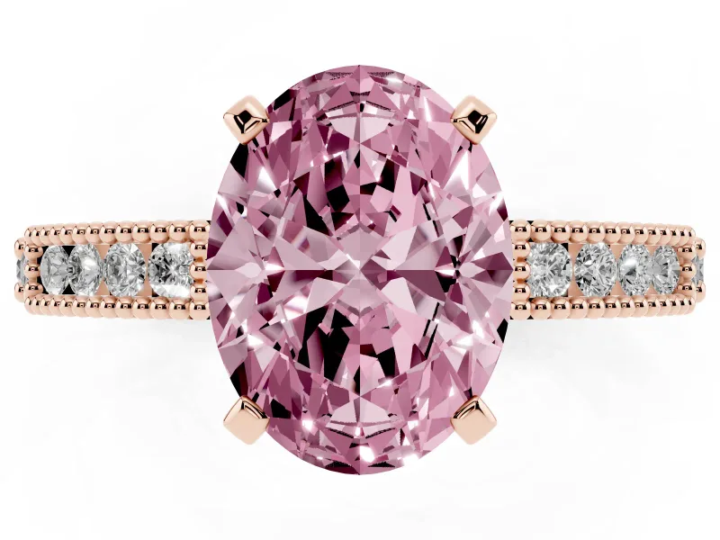 Fancy Pink Oval Cut Diamond Solitaire Ring Set in Rose gold with Slim Pavé Band and Prong Setting