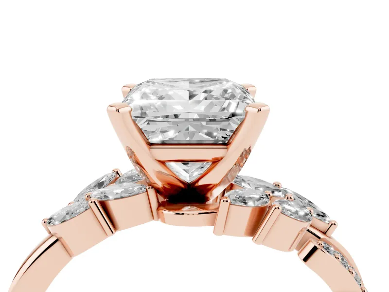 Princess Cut Floral Engagement Ring Setting | Marquise Side Stones | Rose Gold