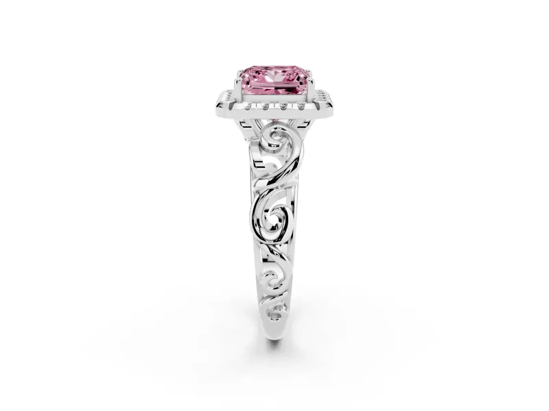 Fancy Pink Princess Cut Diamond Halo Ring Set in White gold with Scrollwork Band and Prong Setting