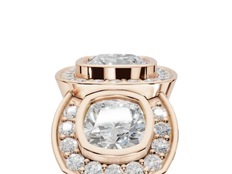 Cushion Cut Three Stone Halo Engagement Ring Setting | Bezel Set | Rose Gold