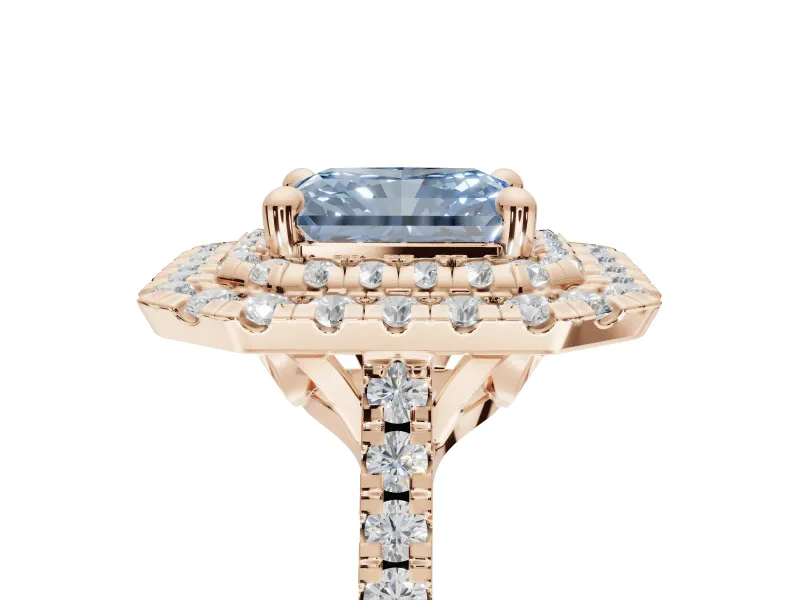 Fancy Blue Radiant Cut Lab-Grown Diamond Double Halo Statement Ring Set in Rose Gold with Pavé Band