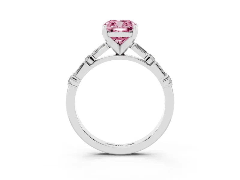 Fancy Pink Cushion Cut Diamond Solitaire Set in Silver with Side Baguettes and Channel Set Band
