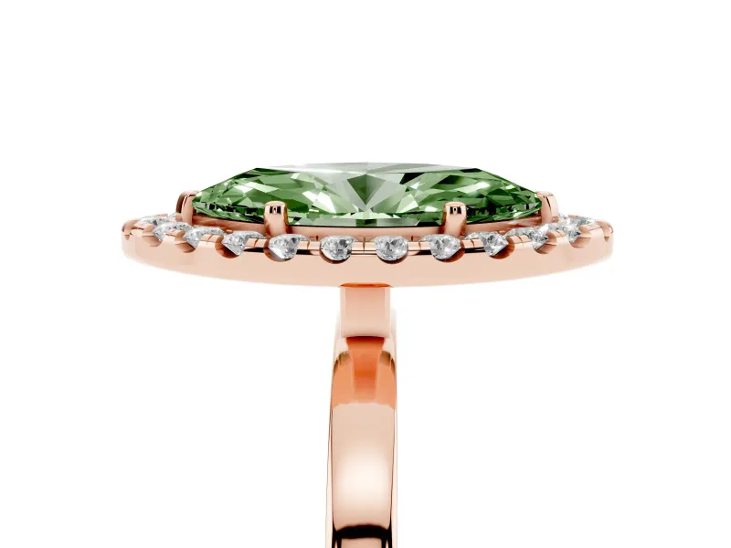 Fancy Green Marquise Cut Diamond Halo Solitaire Ring Set in Rose gold with Pavé Band and Prong Setting