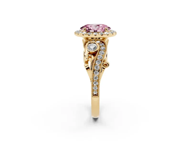 Fancy Pink Oval Cut Diamond Halo Ring Set in Yellow gold with Milgrain Pavé Band and Prong Setting