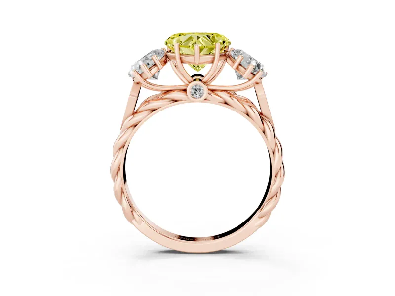Heart-Shaped Three Stone Engagement Ring Setting for a Fancy Yellow Lab-Grown Diamond | Braided Band | Rose Gold