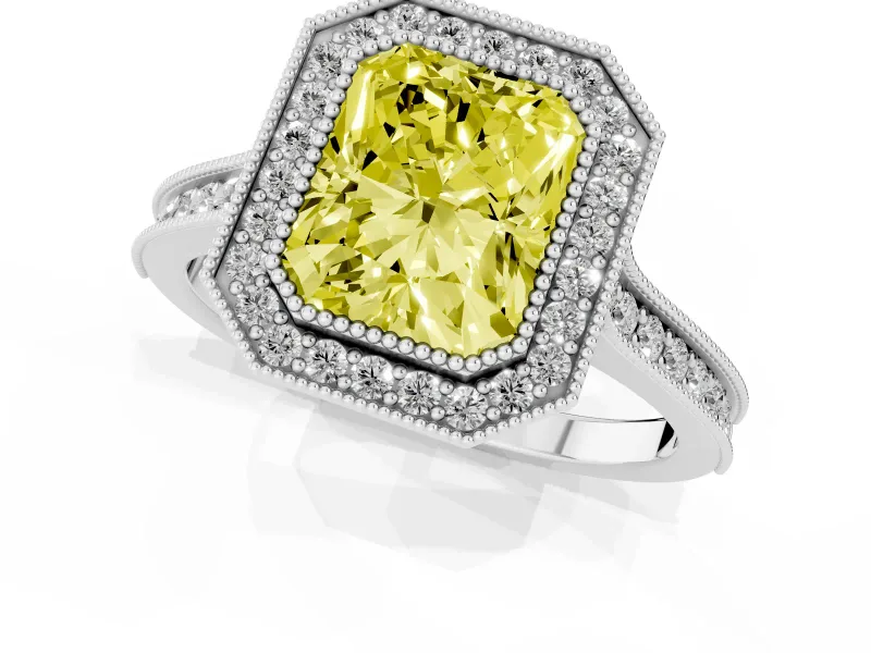 Radiant Cut Vintage Milgrain Halo Engagement Ring Setting for a Fancy Yellow Lab-Grown Diamond | Bezel Head | Platinum