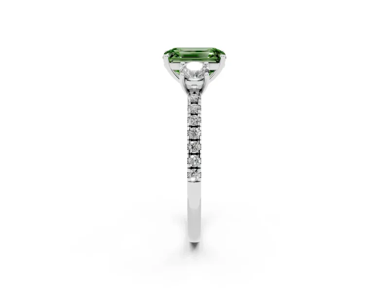 Emerald Cut Three Stone Engagement Ring Setting for a Fancy Green Lab-Grown Diamond | Pave Shoulders | Sterling Silver