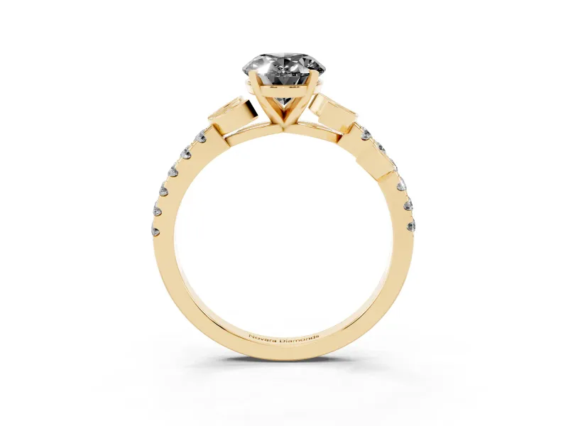 Fancy Black Oval Cut Diamond Solitaire Leaf-Inspired Ring Set in Yellow gold with Pavé Band and Prong Setting
