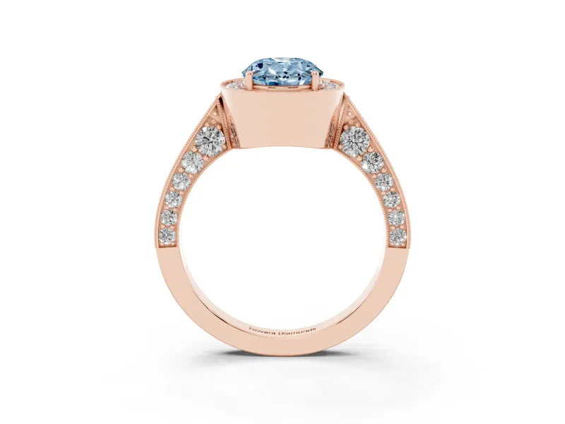 Oval Vintage Milgrain Halo Engagement Ring Setting for a Fancy Blue Lab-Grown Diamond | Side Stones and Pave | Rose Gold