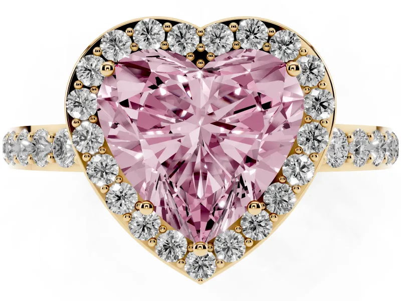 Fancy Pink Heart Cut Diamond Halo Ring Set in Yellow gold with Pavé-Setting Band and Open Prong Center