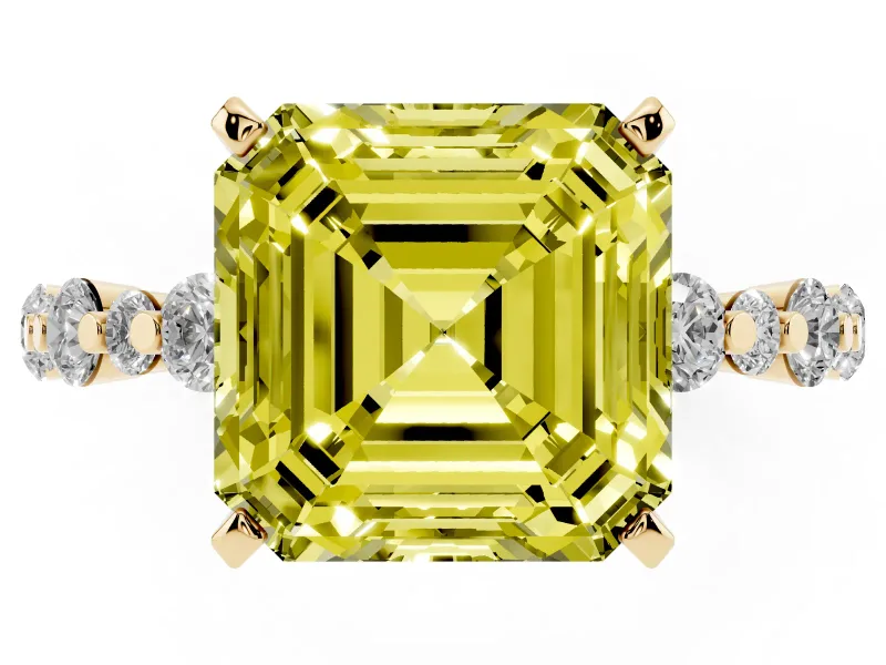 Fancy Yellow Asscher Cut Diamond Prong Set Engagement Ring Set in Yellow gold with Round Accent Pavé Band