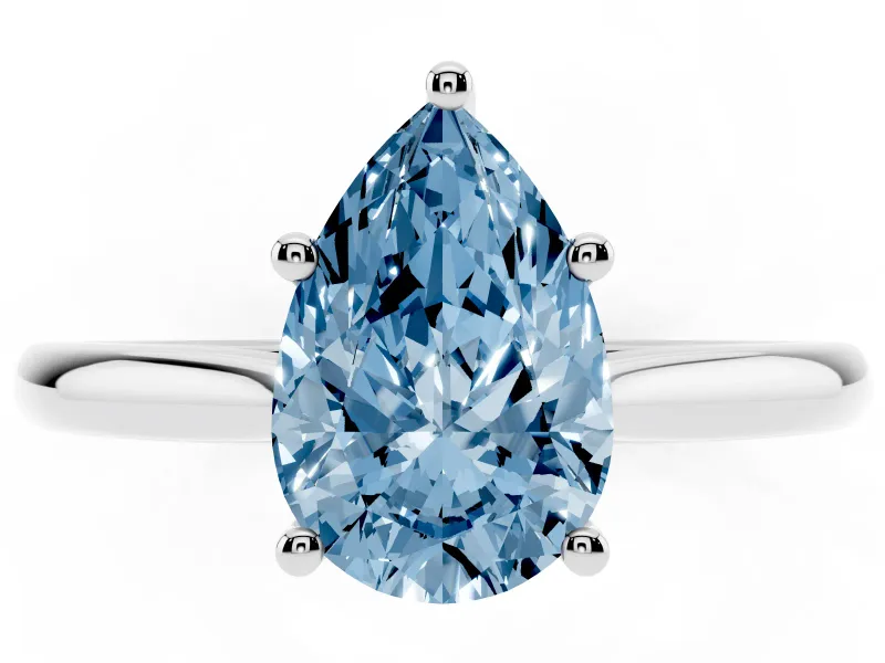 Fancy Blue Pear Cut Diamond Solitaire Ring Set in White gold with Cathedral Band and Prong Setting