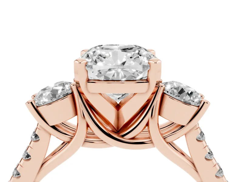 Cushion Cut Three-Stone Pavé Engagement Ring Setting | Round Side Stones | Rose Gold