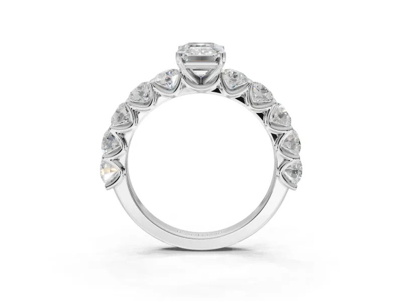 Emerald Cut Side Stone Engagement Ring Setting | Scalloped Prong Accents | Sterling Silver