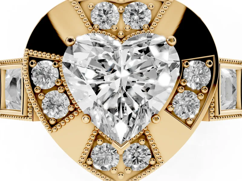 Heart-Shaped Milgrain Sectioned Halo Engagement Ring Setting | Square-Framed Sides | Yellow Gold
