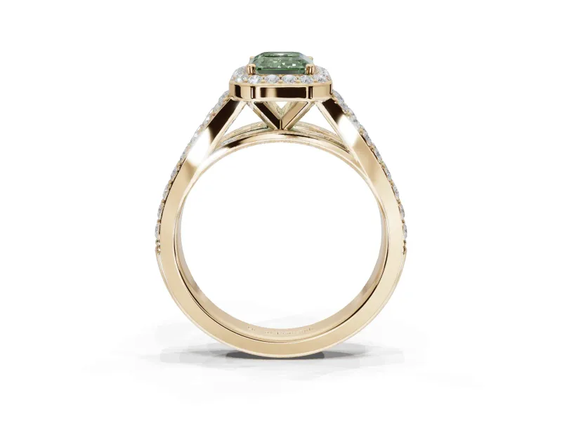 Emerald Cut Halo Pavé Engagement Ring Setting for a Fancy Green Lab-Grown Diamond | Narrow Split Shank | Yellow Gold
