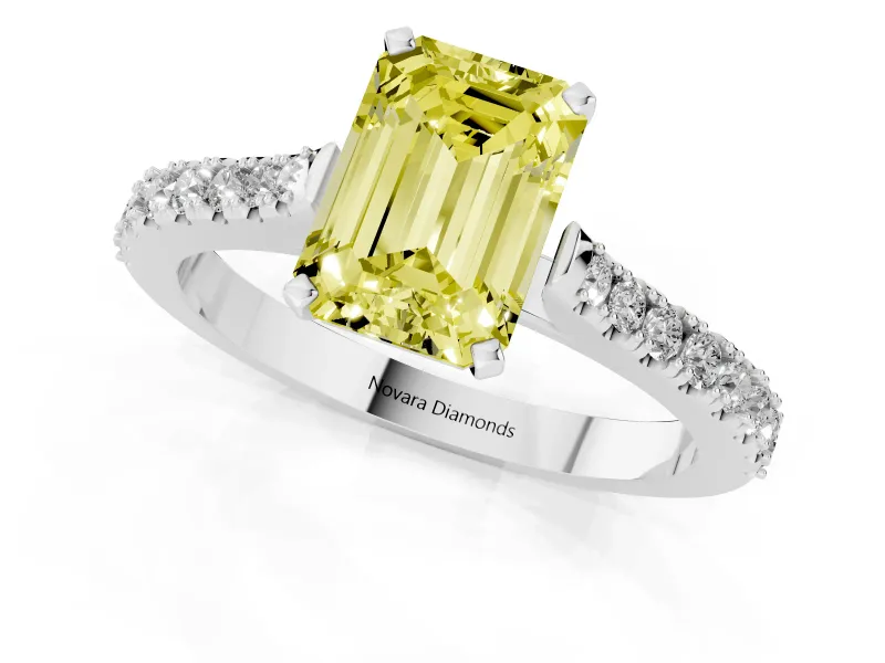 Fancy Yellow Emerald Cut Diamond Solitaire Engagement Ring Set in Silver with Delicate Pavé Band and Prong Setting