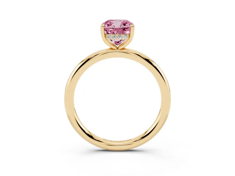 Fancy Pink Cushion Cut Diamond Solitaire Ring Set in Yellow gold with Thin Band and Prong Setting