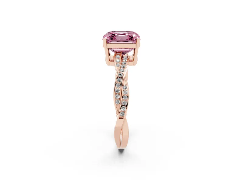 Fancy Pink Asscher Cut Diamond Solitaire Twisted Pavé Ring Set in Rose gold with Prong Setting