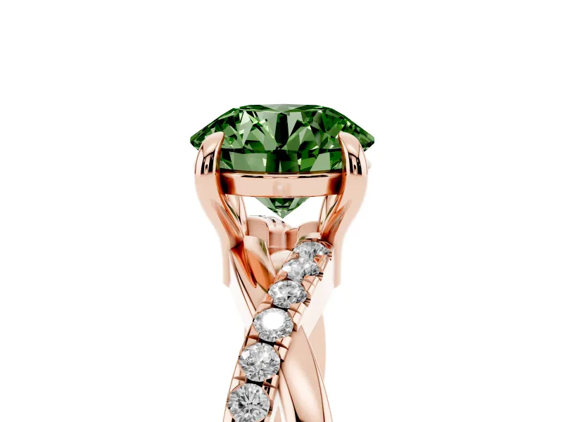 Fancy Green Round Cut Diamond Twist Band Solitaire Set in Rose gold with Pavé Accents and Prong Setting