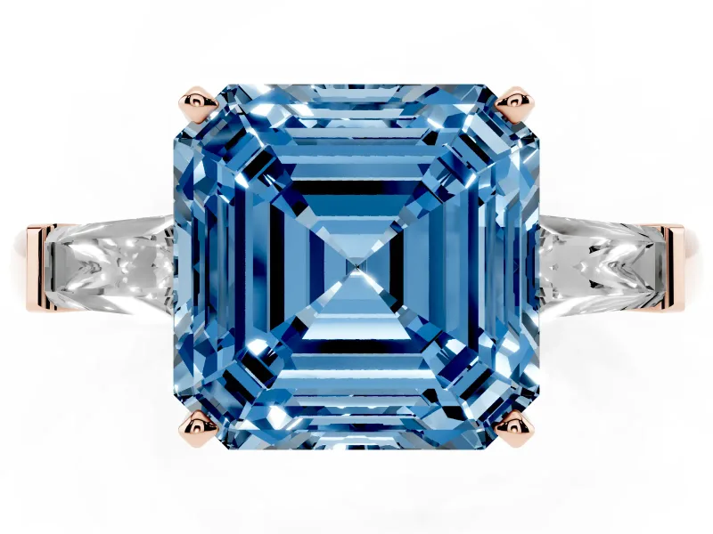 Fancy Blue Asscher Cut Diamond Solitaire Ring Set in Rose gold with Tapered Baguette Side Stones and Prong Setting