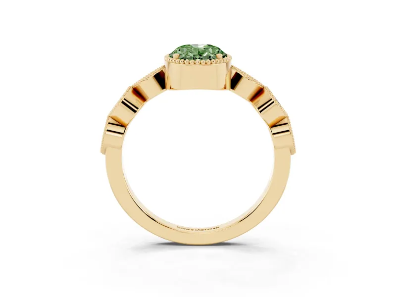 Fancy Green Oval Cut Diamond Vintage-Inspired Milgrain Ring Set in Yellow gold with Marquise Stations of Round Accents