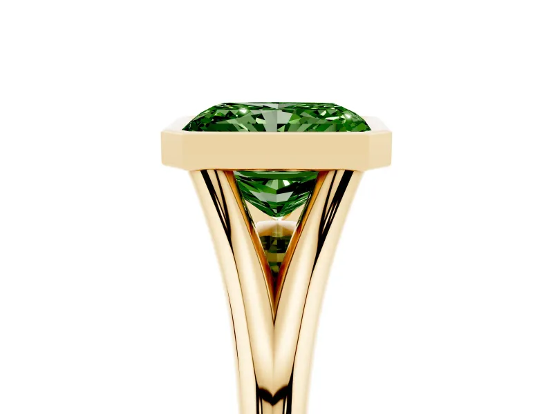 Fancy Green Bezel Set Radiant Cut Diamond Solitaire Ring Set in Yellow gold with Tapered Band