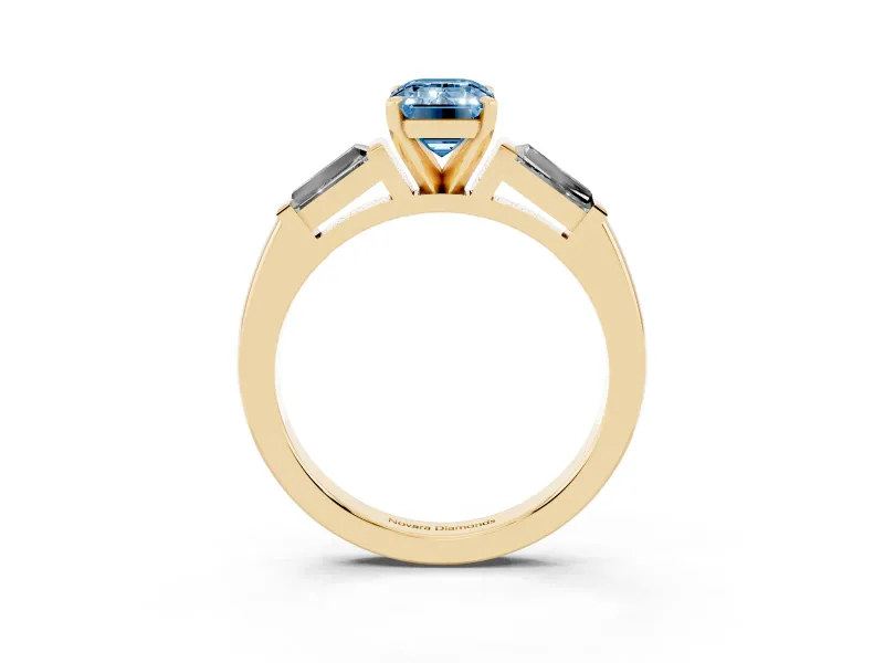 Emerald Cut Three Stone Engagement Ring Setting for a Fancy Blue Lab-Grown Diamond | Tapered Baguettes | Yellow Gold