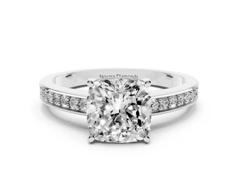 Cushion Cut Diamond Pavé Band Prong Set Solitaire Ring Set in Silver