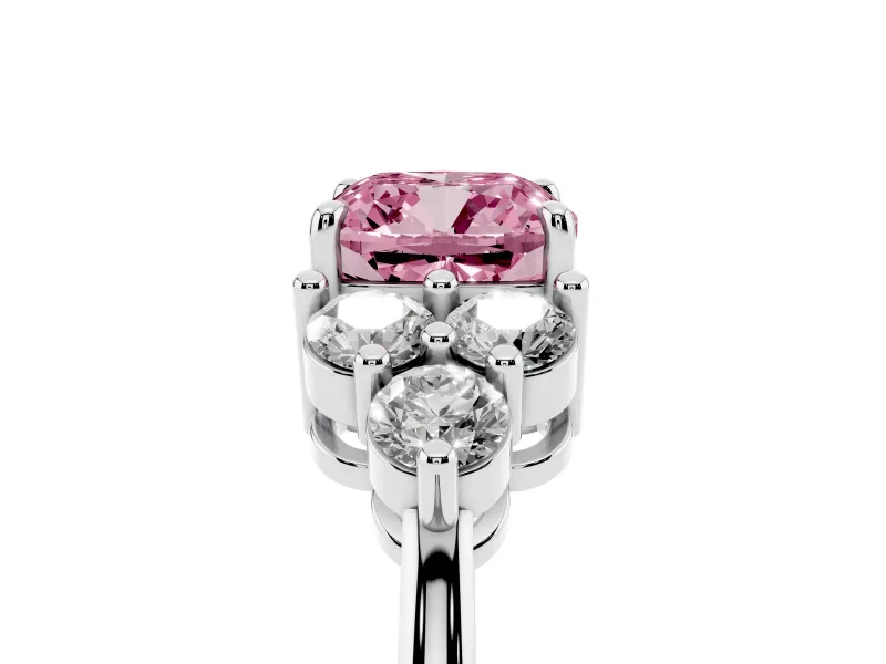 Fancy Pink Cushion Cut Diamond Solitaire Ring Set in White gold with Cluster Accents on Each Side