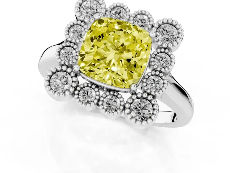Cushion Cut Milgrain Cluster Halo Engagement Ring Setting for a Fancy Yellow Lab-Grown Diamond | Plain Band | White Gold