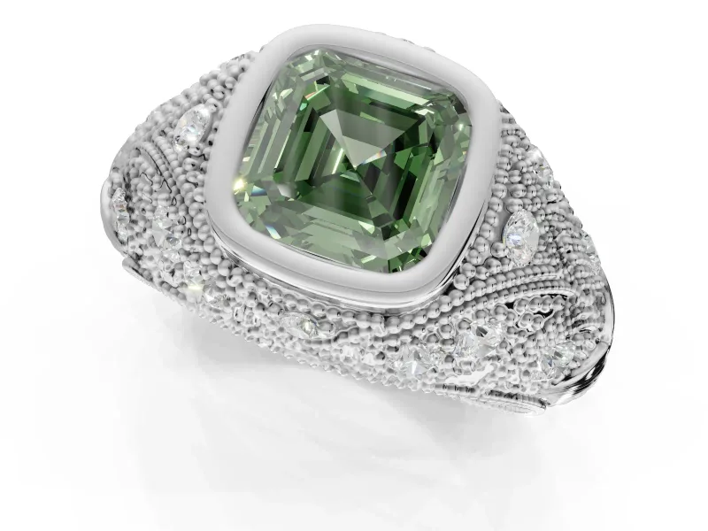 Asscher Cut Vintage Bezel Engagement Ring Setting for a Fancy Green Lab-Grown Diamond | Platinum