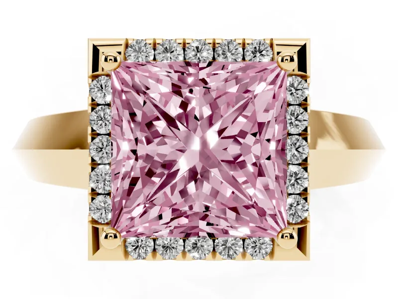 Fancy Pink Princess Cut Diamond Halo Ring Set in Yellow gold with Cathedral Band and Prong Setting