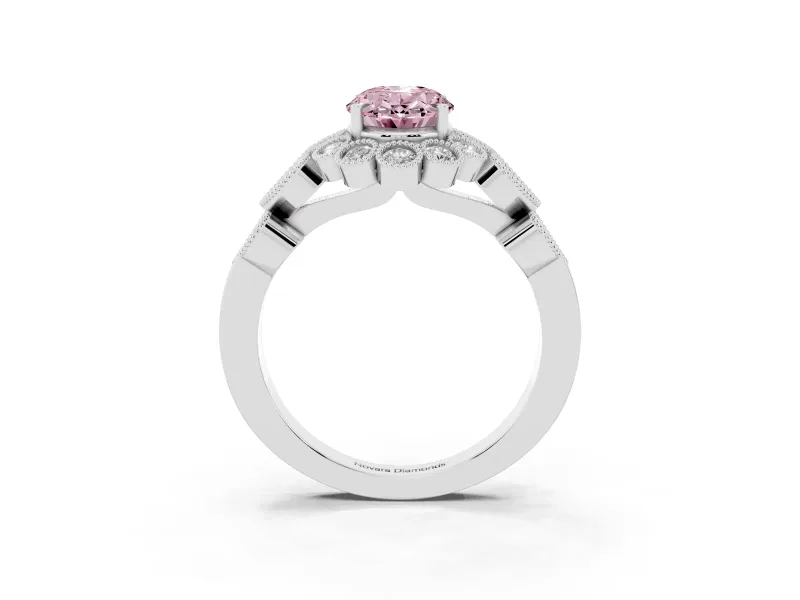 Oval Scalloped Halo Engagement Ring Setting for a Fancy Pink Lab-Grown Diamond | Heart Pavé Band | White Gold