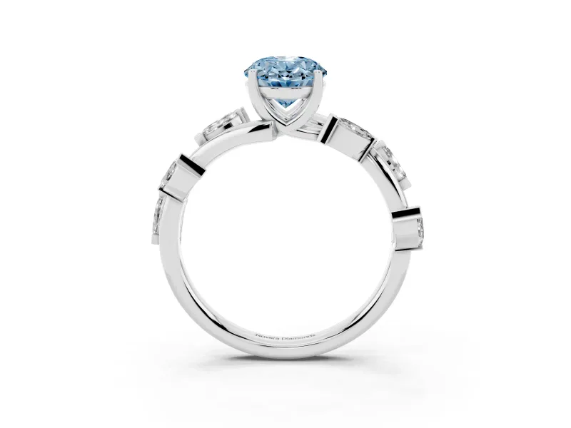 Fancy Blue Oval Cut Diamond Solitaire Ring Set in Platinum with Twisted Marquise Accent Band