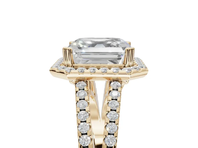 Asscher Cut Halo Split Shank Engagement Ring Setting | Pavé Shoulders | Yellow Gold