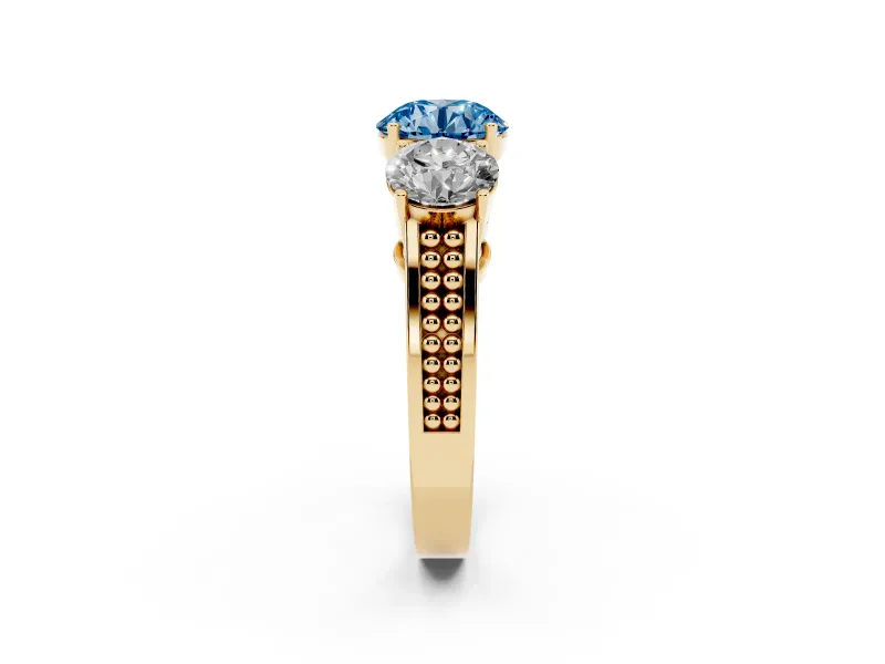 Round Engagement Ring Setting for a Fancy Blue Lab-Grown Diamond | Three Stone | Yellow Gold