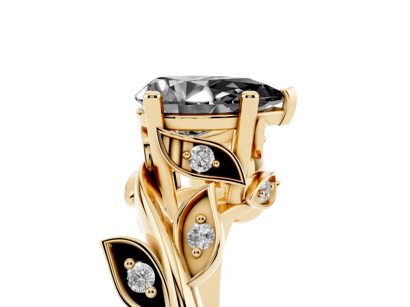 Fancy Black Pear Cut Diamond Solitaire Twist Engagement Ring Set in Yellow gold with Pavé Leaf Accents