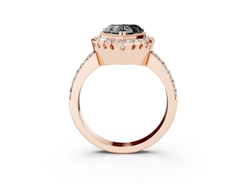 Heart-Shaped Milgrain Halo Engagement Ring Setting for a Black Center | Pavé Shoulders | Rose Gold