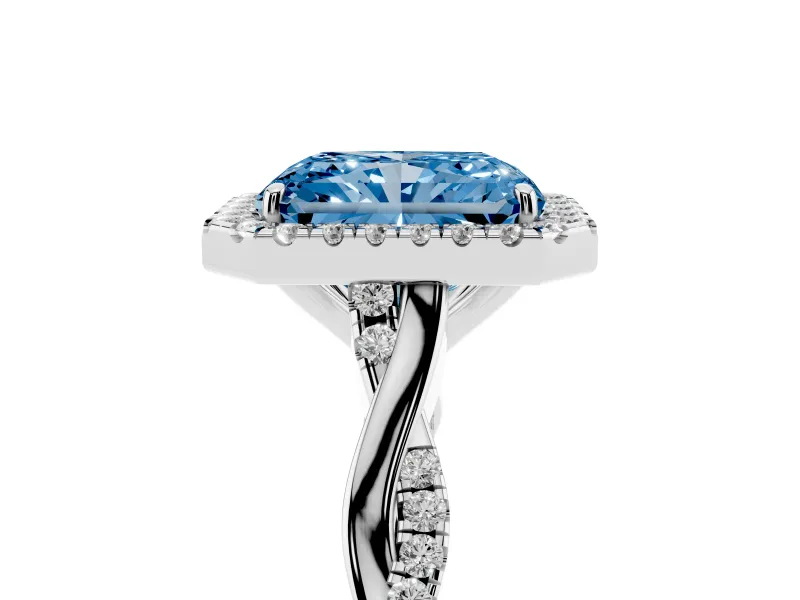 Radiant Cut Twist Halo Engagement Ring Setting for a Fancy Blue Lab-Grown Diamond | Platinum