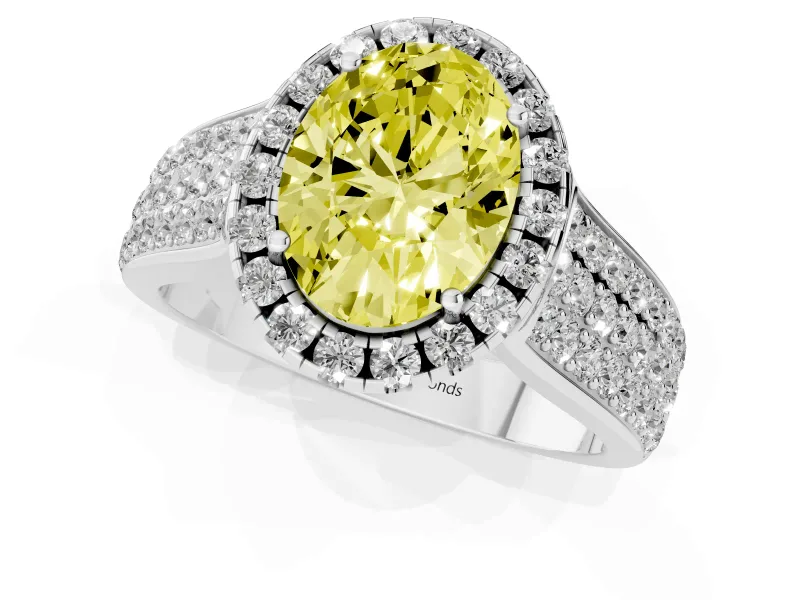 Fancy Yellow Oval Cut Diamond Halo Ring Set in Silver with Pavé Band and Raised Center Setting