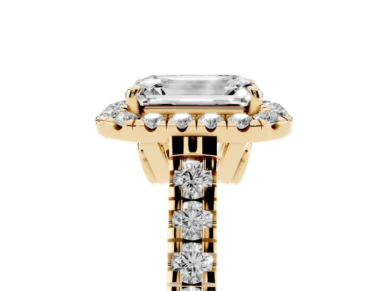 Emerald Cut Halo Engagement Ring Setting | Shared Prong Shoulders | Yellow Gold
