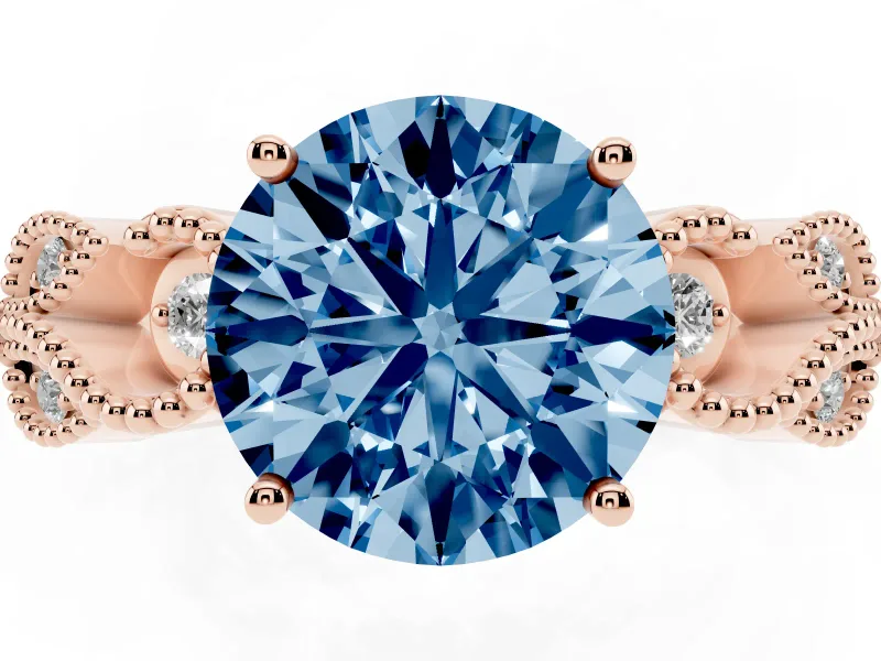 Fancy Blue Round Cut Diamond Milgrain Leaf Band Solitaire Ring Set in Rose gold with Accent Stones and Prong Setting
