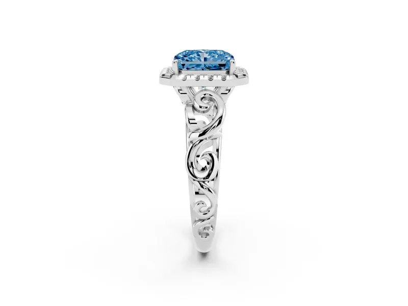 Fancy Blue Radiant Cut Diamond Halo Ring Set in Platinum with Scrollwork Band and Prong Setting