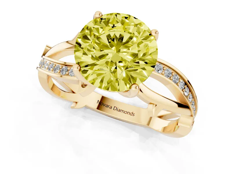 Fancy Yellow Round Cut Diamond Pavé Twist Band Solitaire Ring Set in Yellow gold with Prong Setting