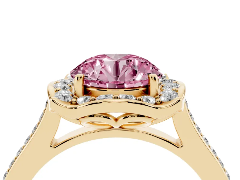 Round Halo Engagement Ring Setting for a Fancy Pink Lab-Grown Diamond | Petal Tips | Yellow Gold