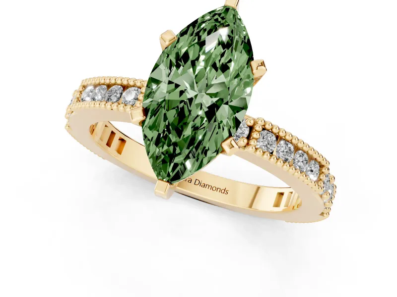 Fancy Green Marquise Cut Diamond Solitaire Ring Set in Yellow gold with Slim Pavé Band and Prong Setting