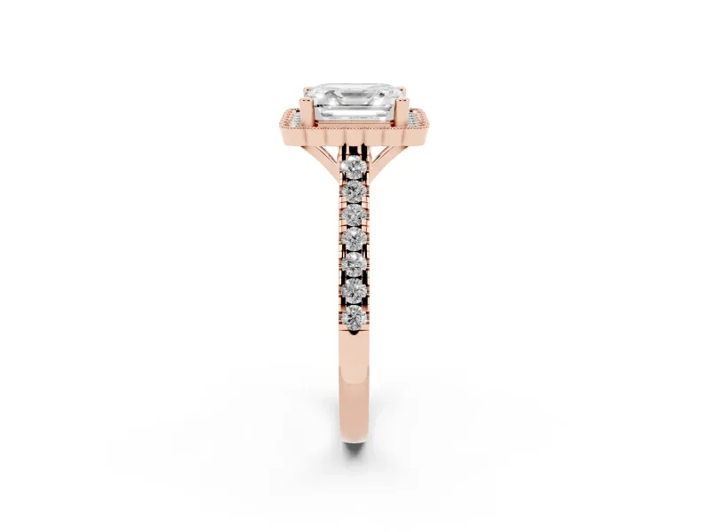 Asscher Cut Vintage Milgrain Floral Halo Engagement Ring Setting | Pavé Band | Rose Gold