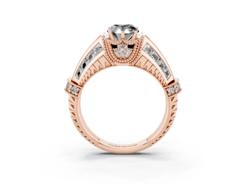 Fancy Black Pear Cut Diamond Vintage-Inspired Milgrain Ring Set in Rose gold with Accent Split Shank