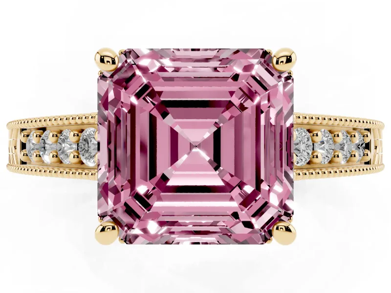 Asscher Cut Engraved Engagement Ring Setting for a Fancy Pink Lab-Grown Diamond | Yellow Gold